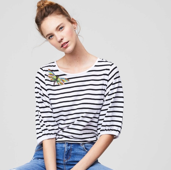 LOFT Tops - Loft Oversized Striped Top Beaded Dragonfly